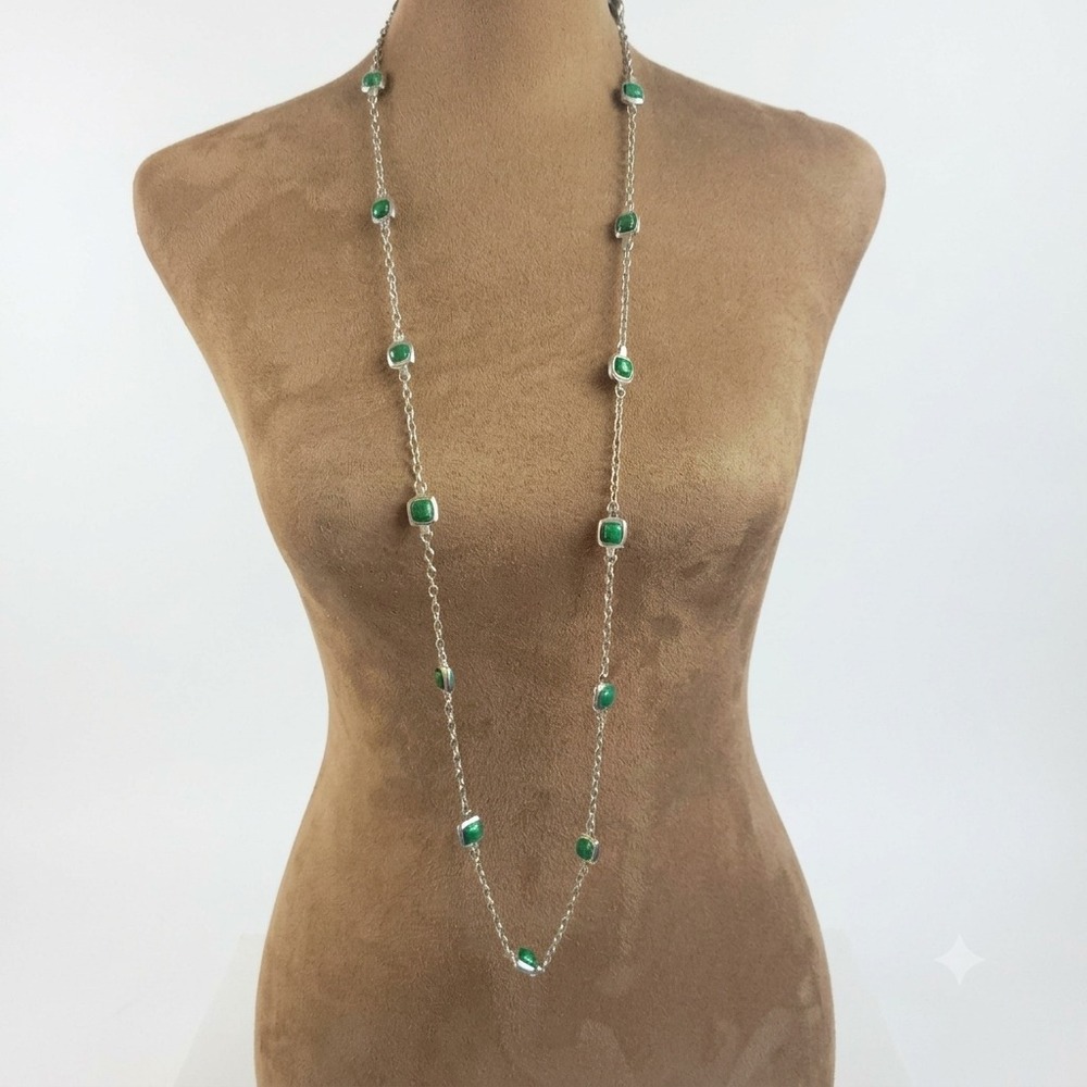 Talbots Silver Tone Green Cabochon Station Necklace 40 Inch Cottagecore